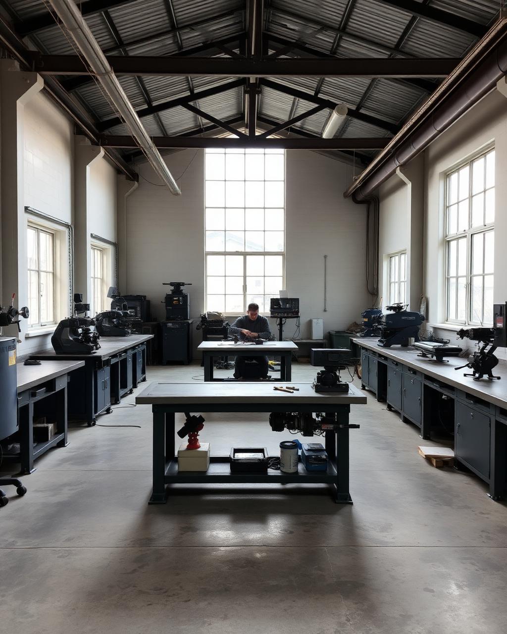 Interior of a small machine shop with steel workbenches, tooling, and a swept concrete floor lit by high windows