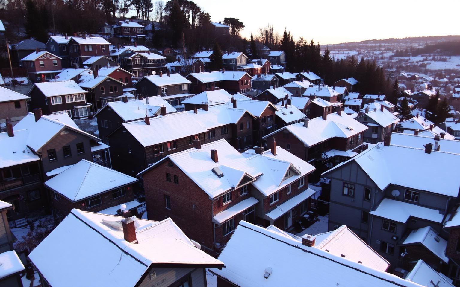 Snow-covered rooftops on a steep Scranton hillside street