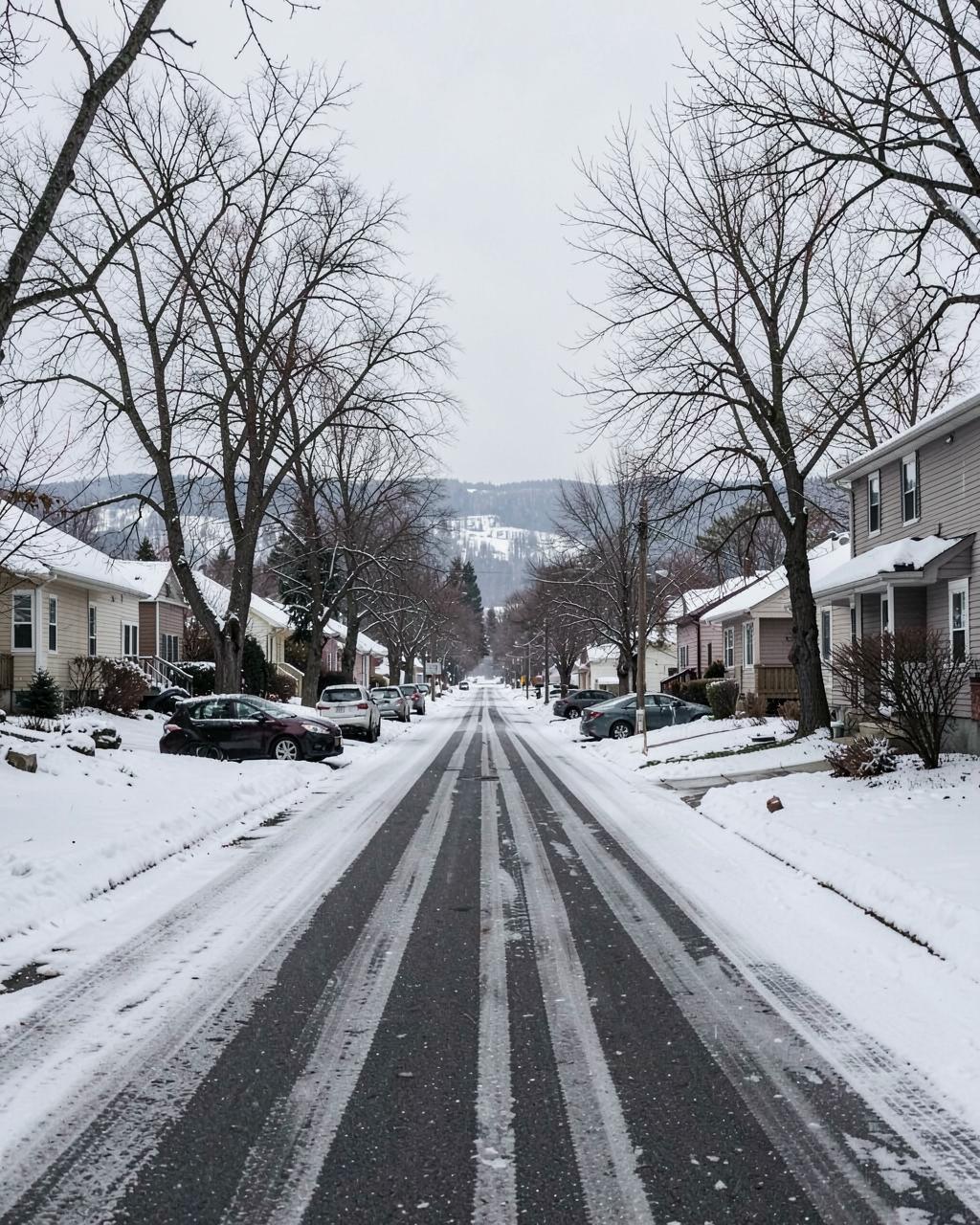 Quiet residential street after fresh snowfall with plowed pavement, bare trees and hills at the end of the block