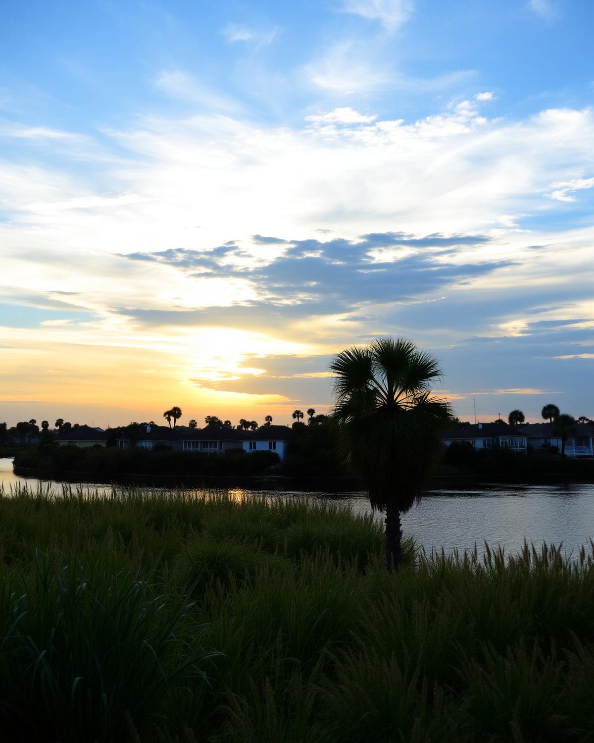 Wide bend of the St. Johns River at golden hour with marsh grass, palms and Jacksonville rooftops across the water