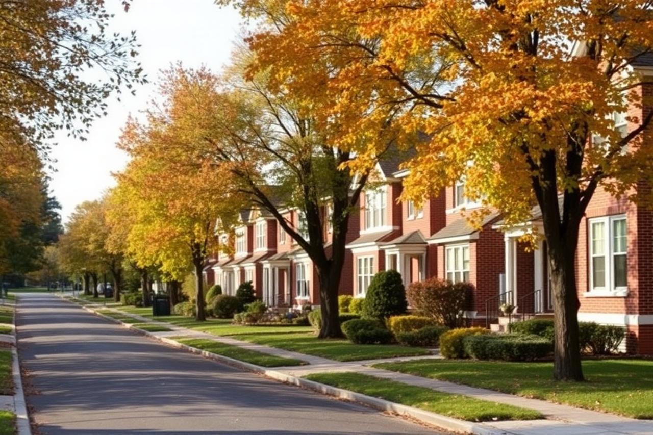 Inner-ring suburban street of stately older brick homes with deep lawns in autumn
