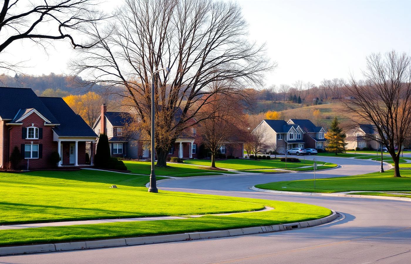 Curving suburban street of brick homes with wide lawns and mature trees on rolling terrain