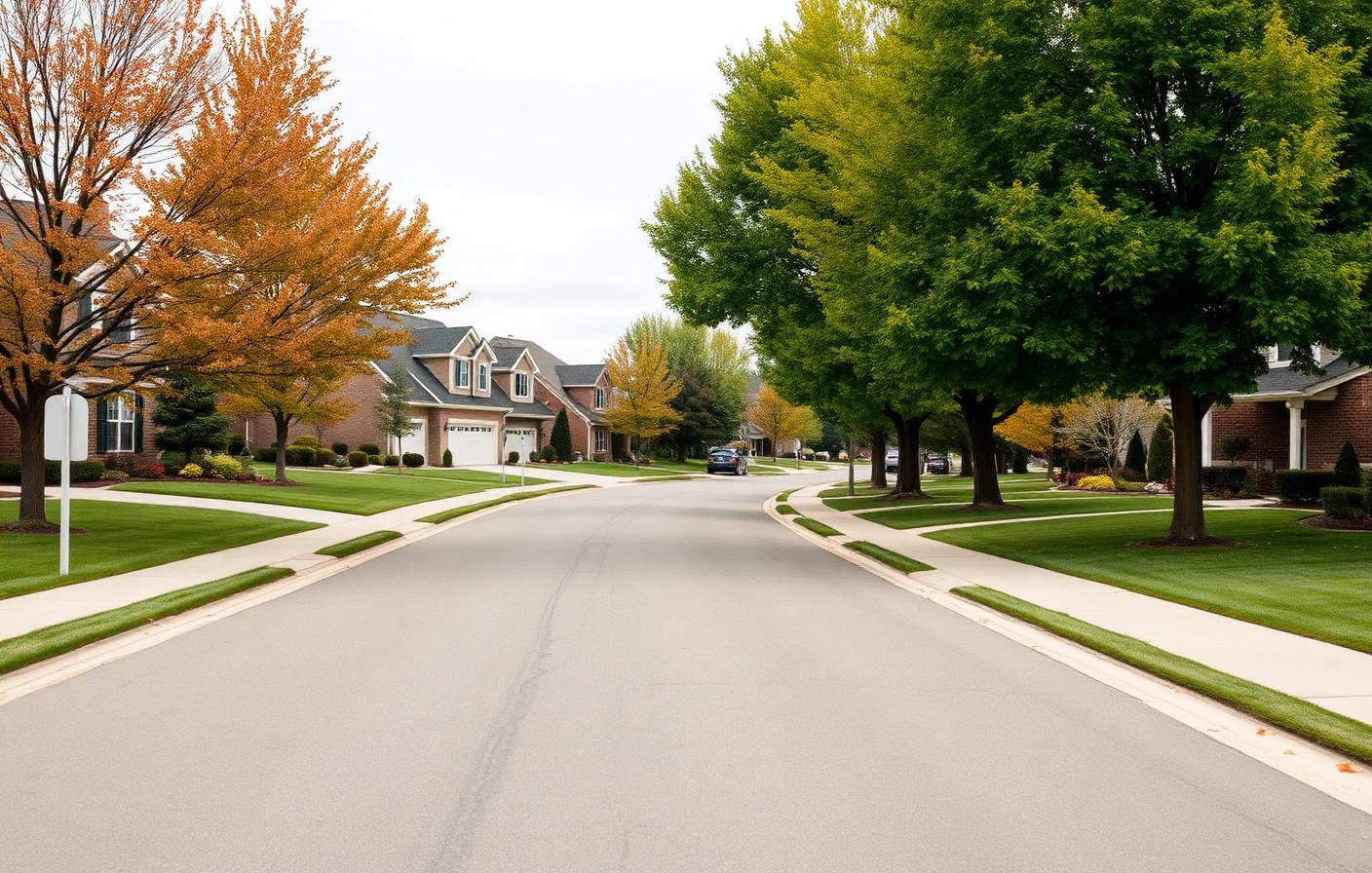 A tree-lined suburban street with newer large single-family homes in a Naperville neighborhood