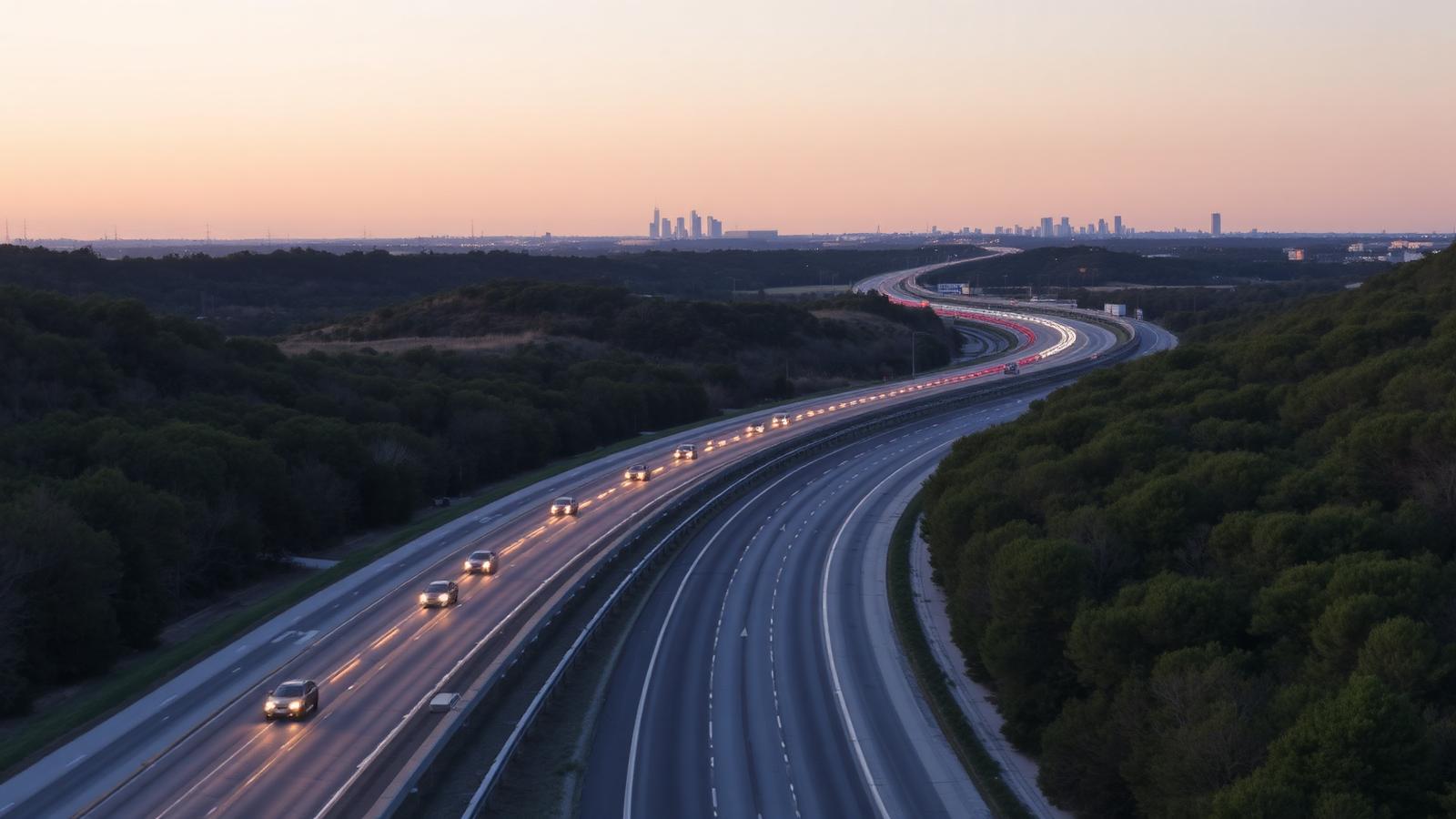 Central Texas tollway at dusk cutting through cedar-covered hills with the Austin skyline on the horizon