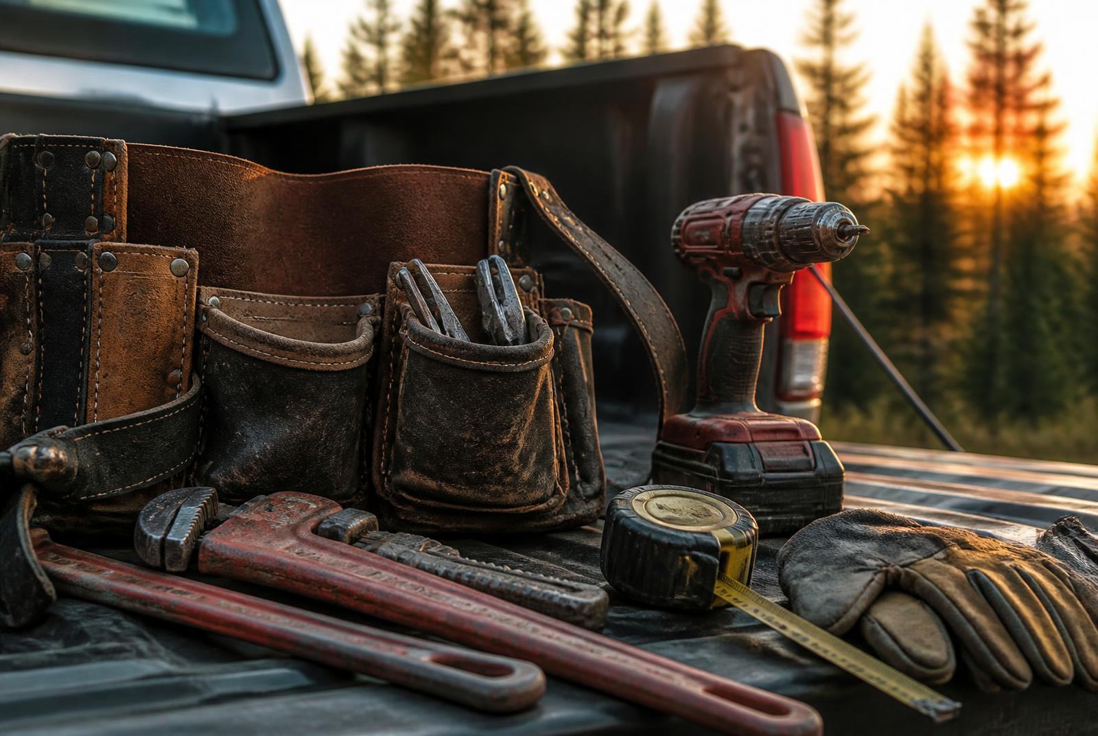 Worn tool belt, pipe wrenches and a cordless drill laid out on a truck tailgate at dawn outside Tallahassee
