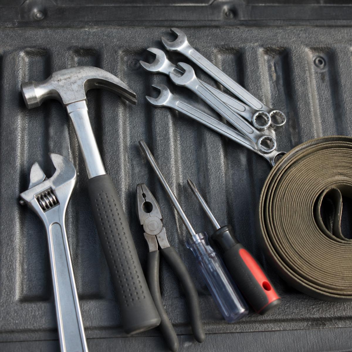 Contractor tools laid out on a truck tailgate in Erie