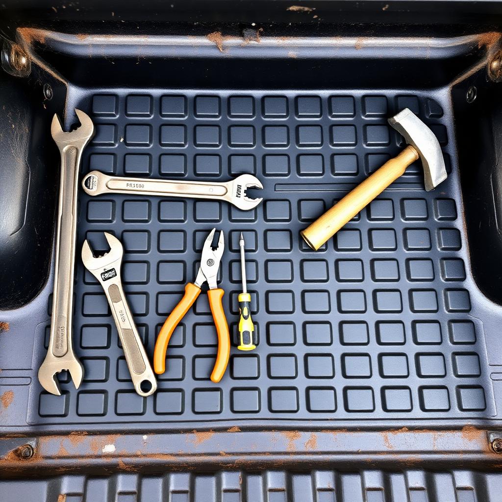 Contractor tools laid out on a truck tailgate in Philadelphia