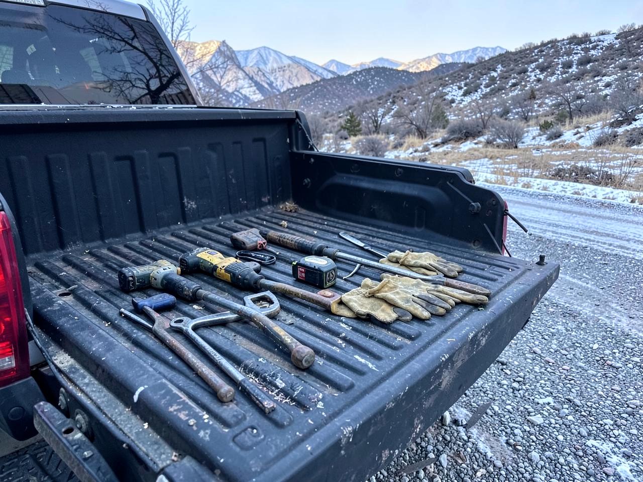 Hand tools, a drill, tape measure and work gloves laid out on an open pickup tailgate on a snowy gravel drive