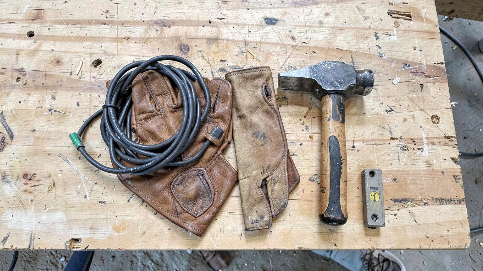 Work gloves, a coiled cord, a hammer and a small level laid out on a wooden workbench at a construction site