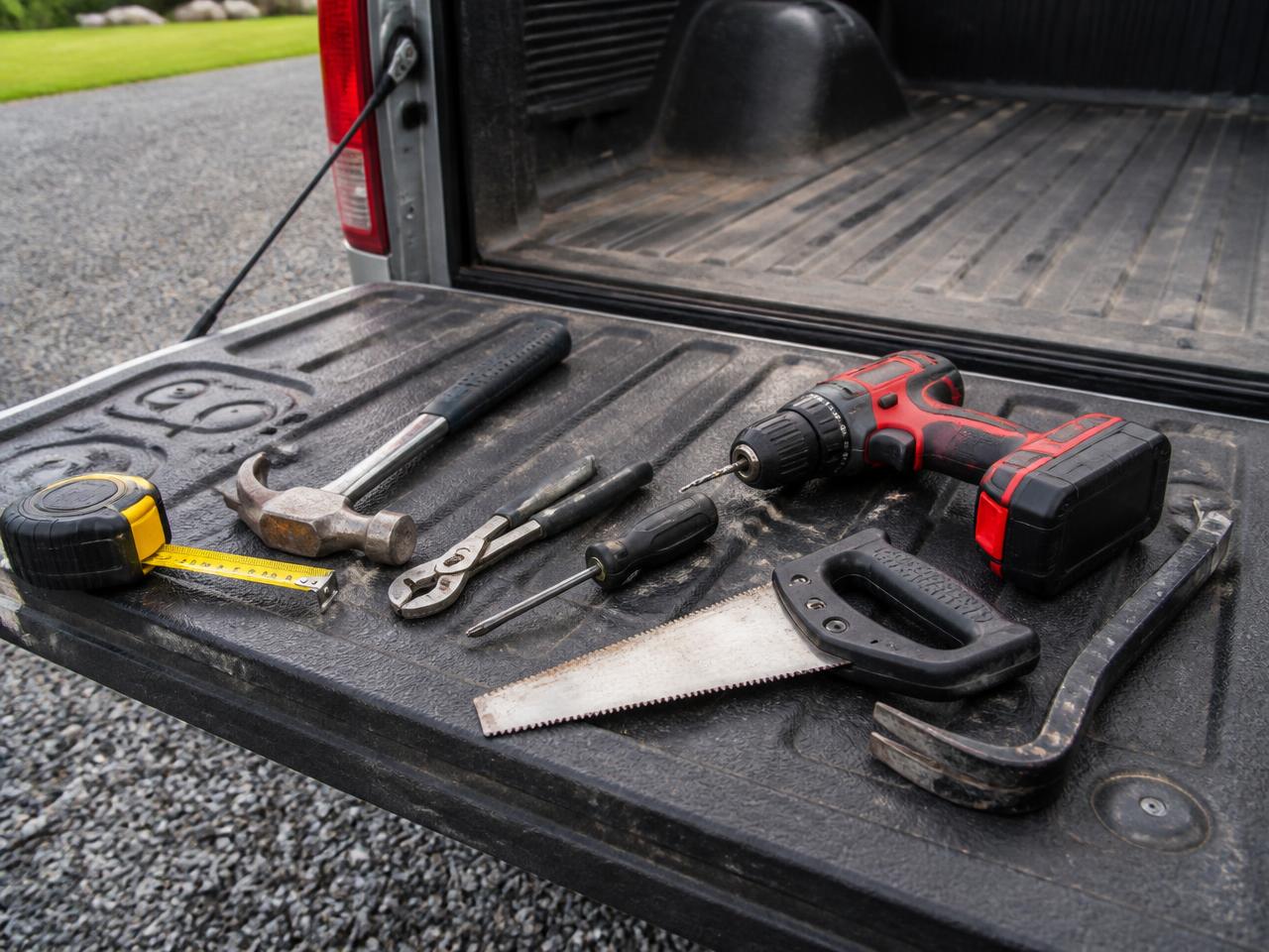 Contractor tools laid out on a truck tailgate in Pittsburgh