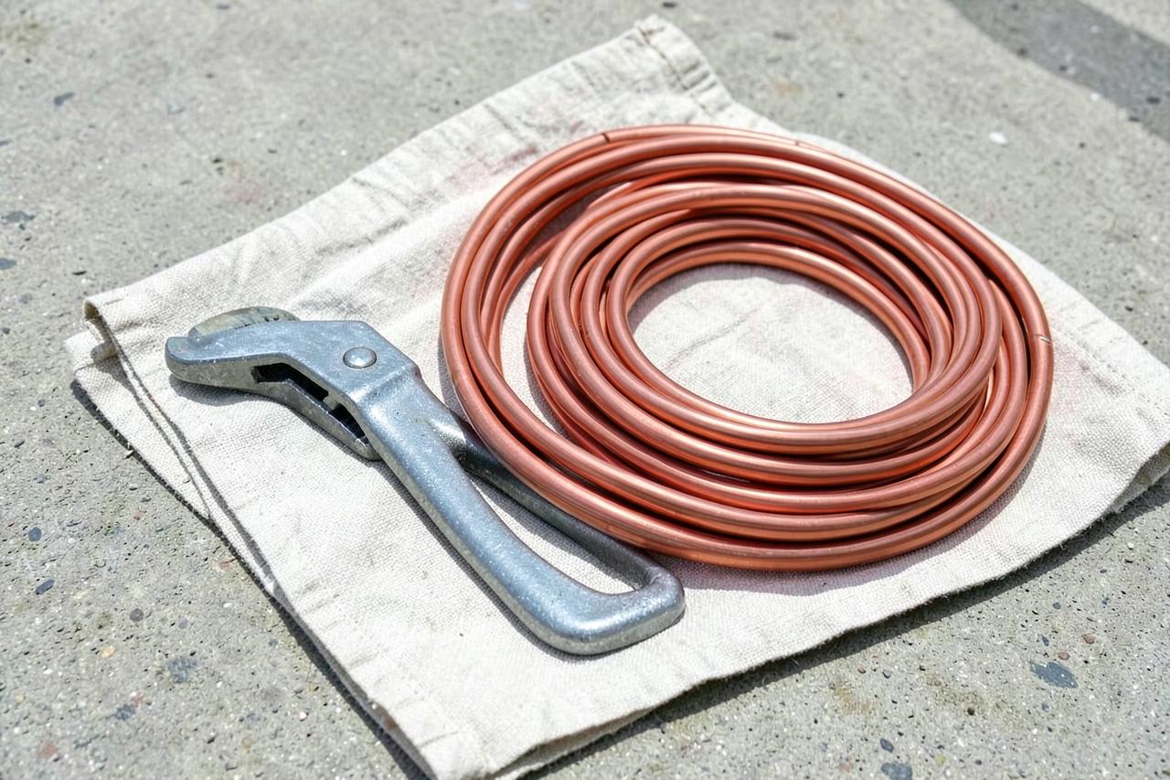 Plain steel pipe wrench and a coil of copper tubing resting on a canvas drop cloth on a sunlit concrete slab