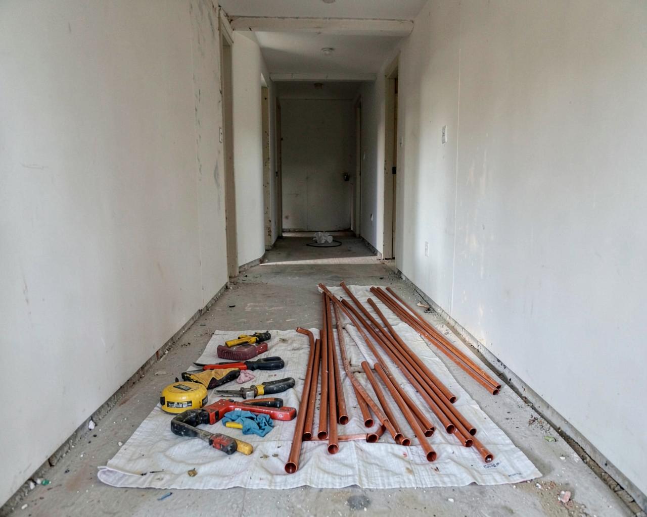 Copper pipe and hand tools laid out on a tarp inside a partially renovated older home hallway