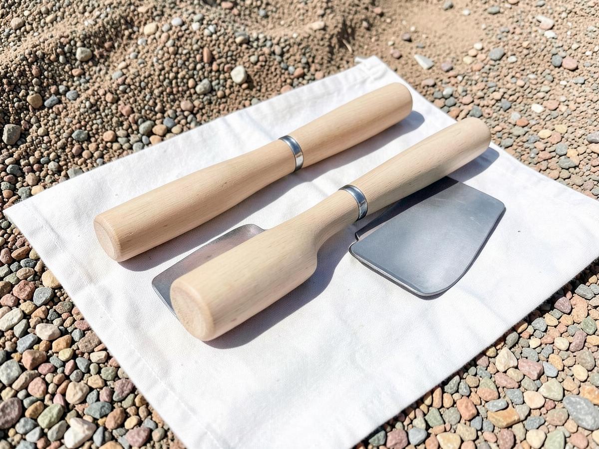 Plain wooden-handled masonry trowels resting on a clean canvas tarp on desert gravel in bright sun