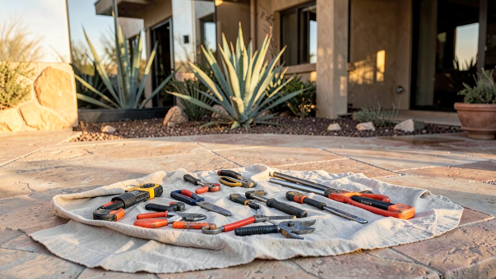 Contractor's hand tools laid out on a canvas tarp on a stone patio beside a large agave at golden hour