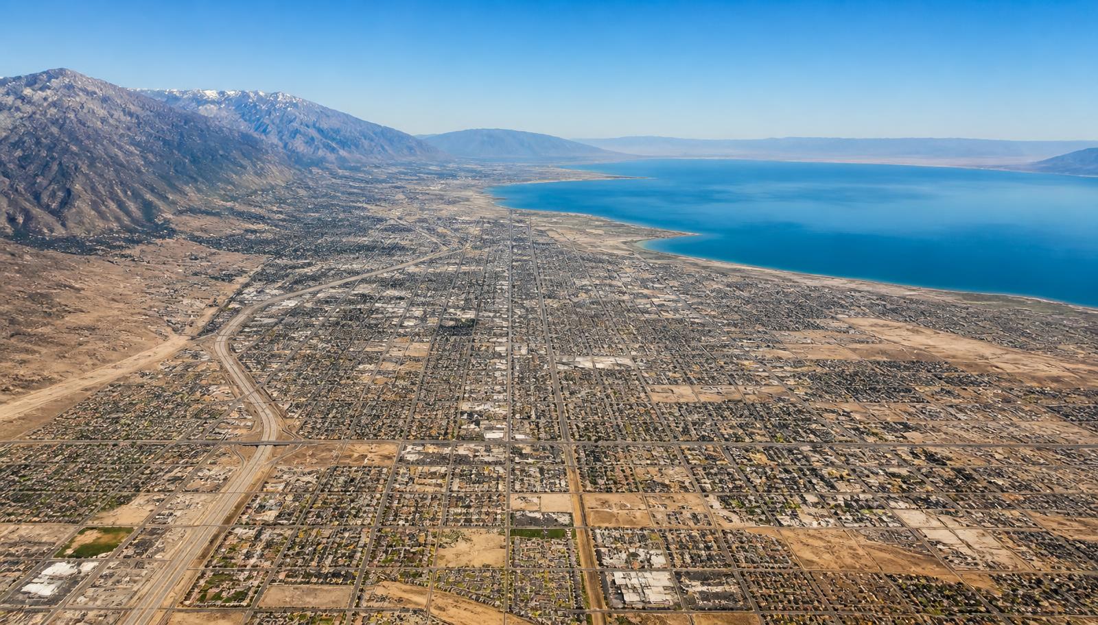 Aerial view of the Salt Lake Valley and downtown Salt Lake City beneath the Wasatch Range