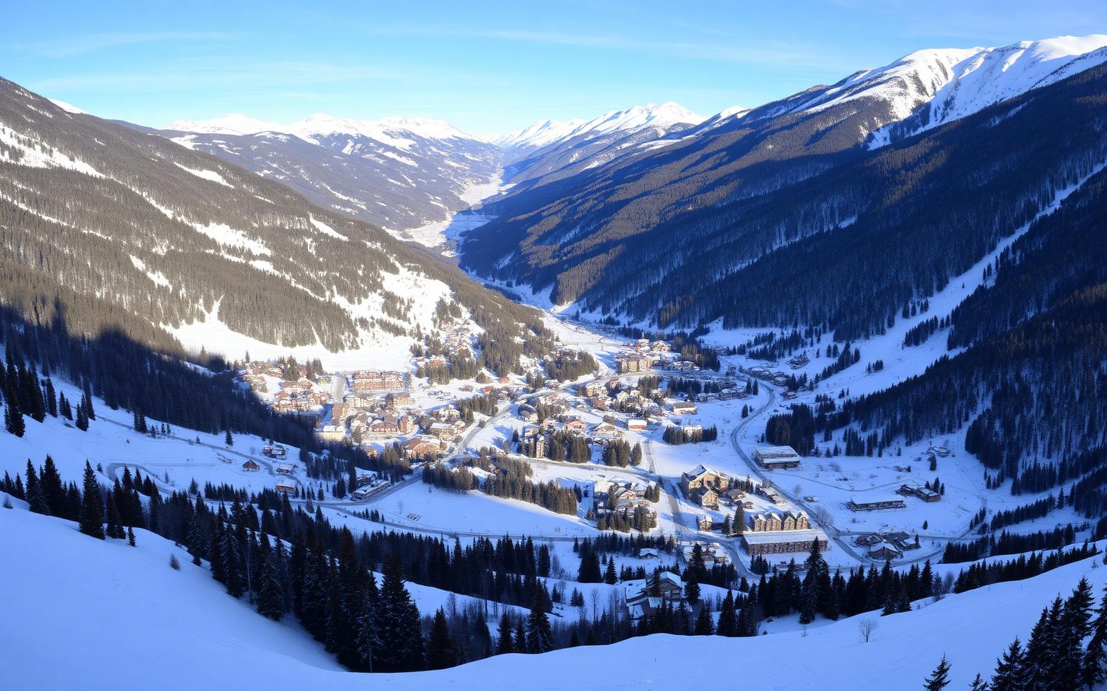 Elevated view over a snowy mountain valley dotted with homes and ski runs on the slopes above