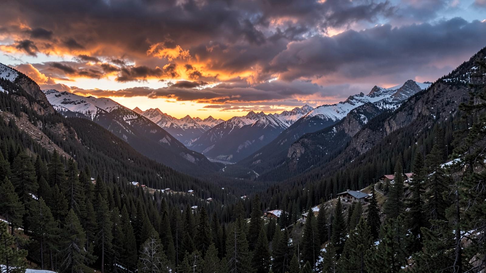 Wide mountain valley of pine forest and scattered rooftops under dramatic sunset cloud with snowy summits