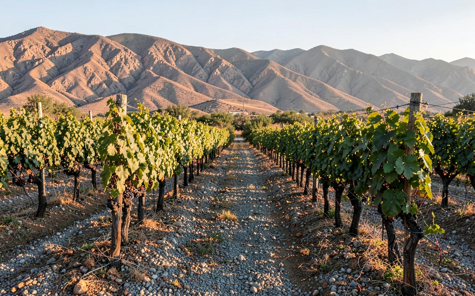 Rows of grapevines in a small high-desert vineyard with gravel ground between rows and dry mountains behind