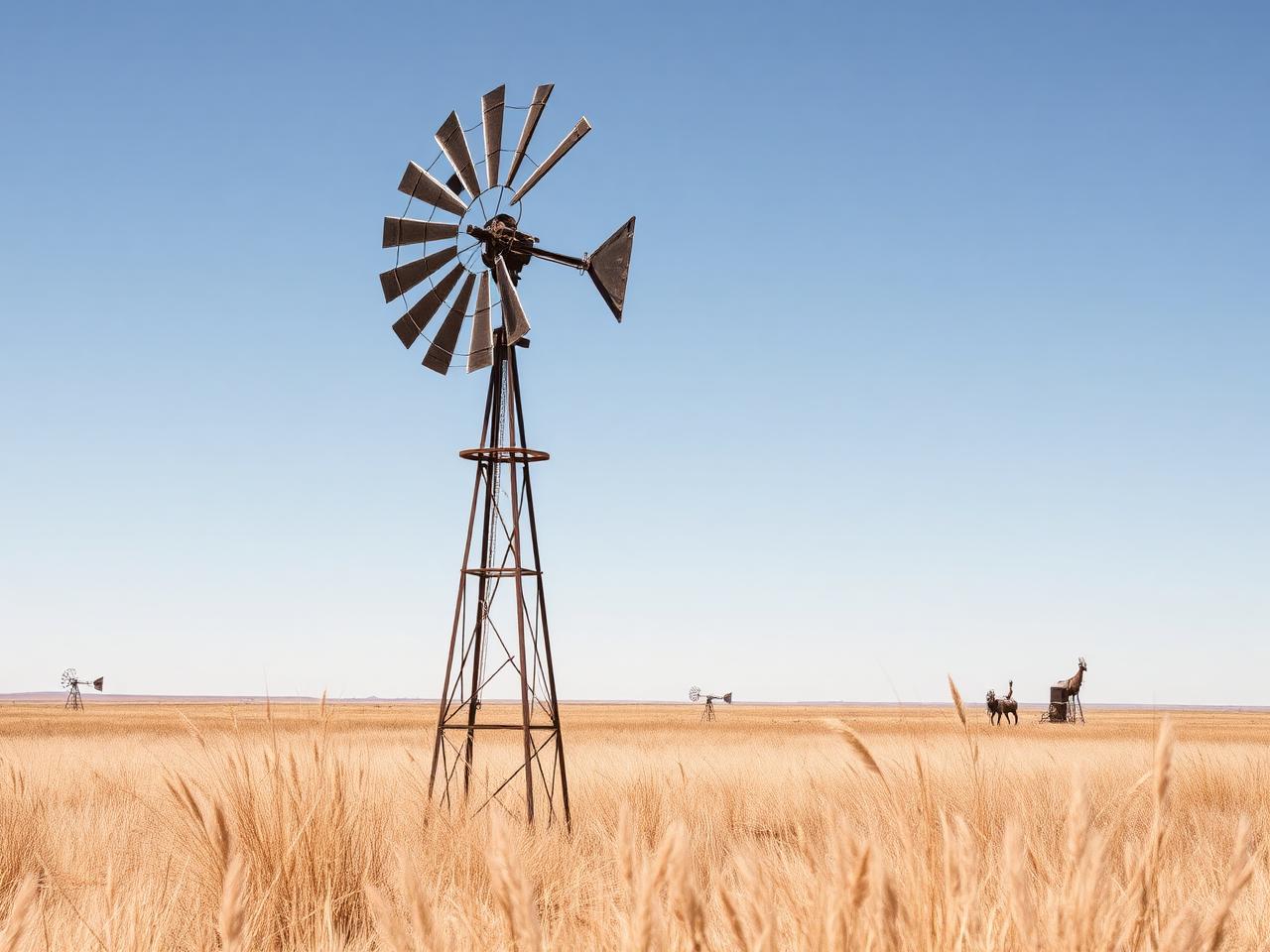 Wind turbines rising over a High Plains cotton field outside Lubbock