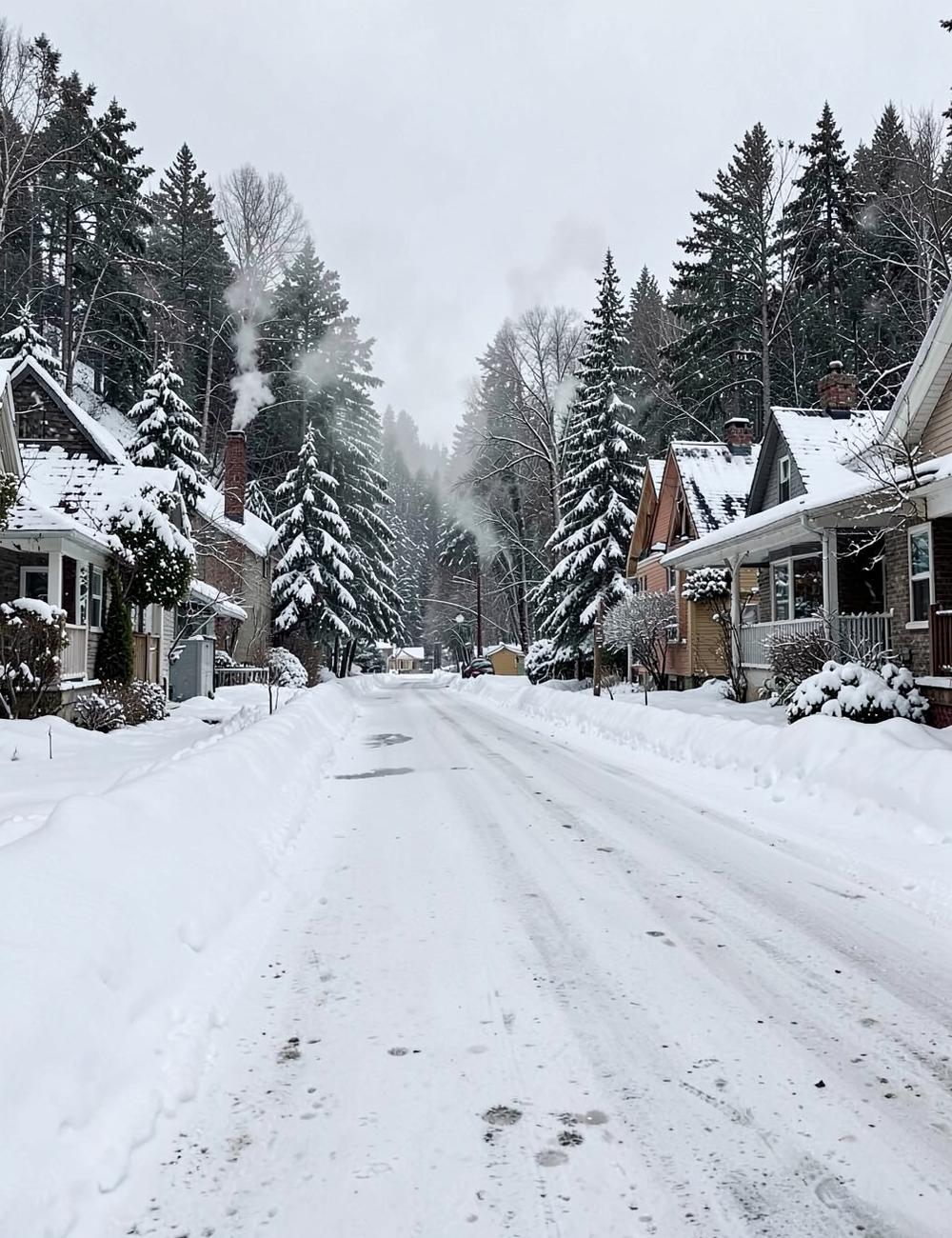 Snowy residential street in a forested northern town with snowbanks, steep roofs and smoking chimneys