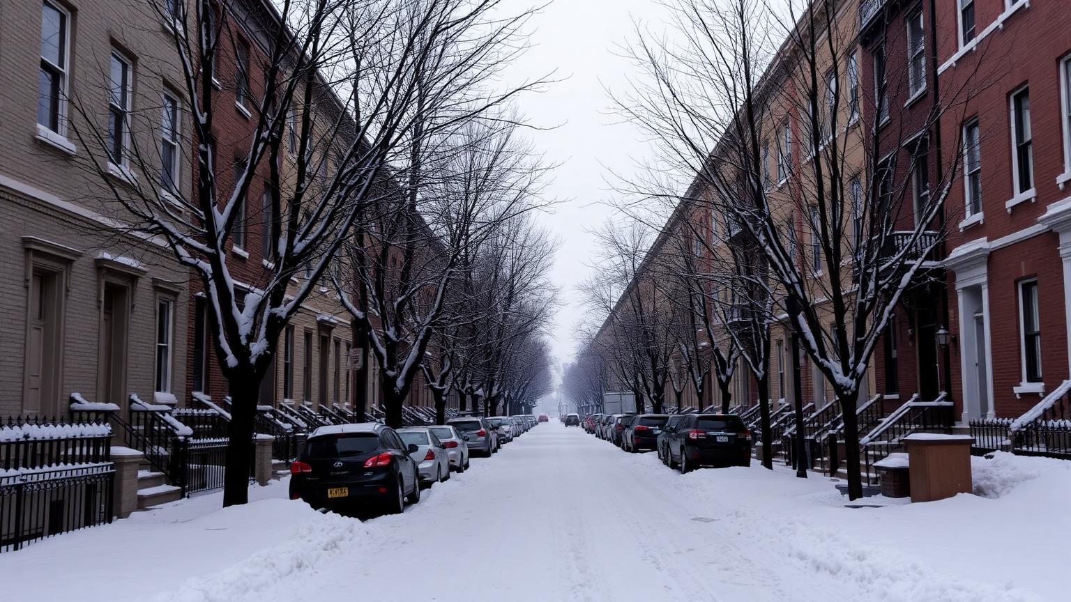 Winter street lined with rowhouses in Philadelphia, Pennsylvania