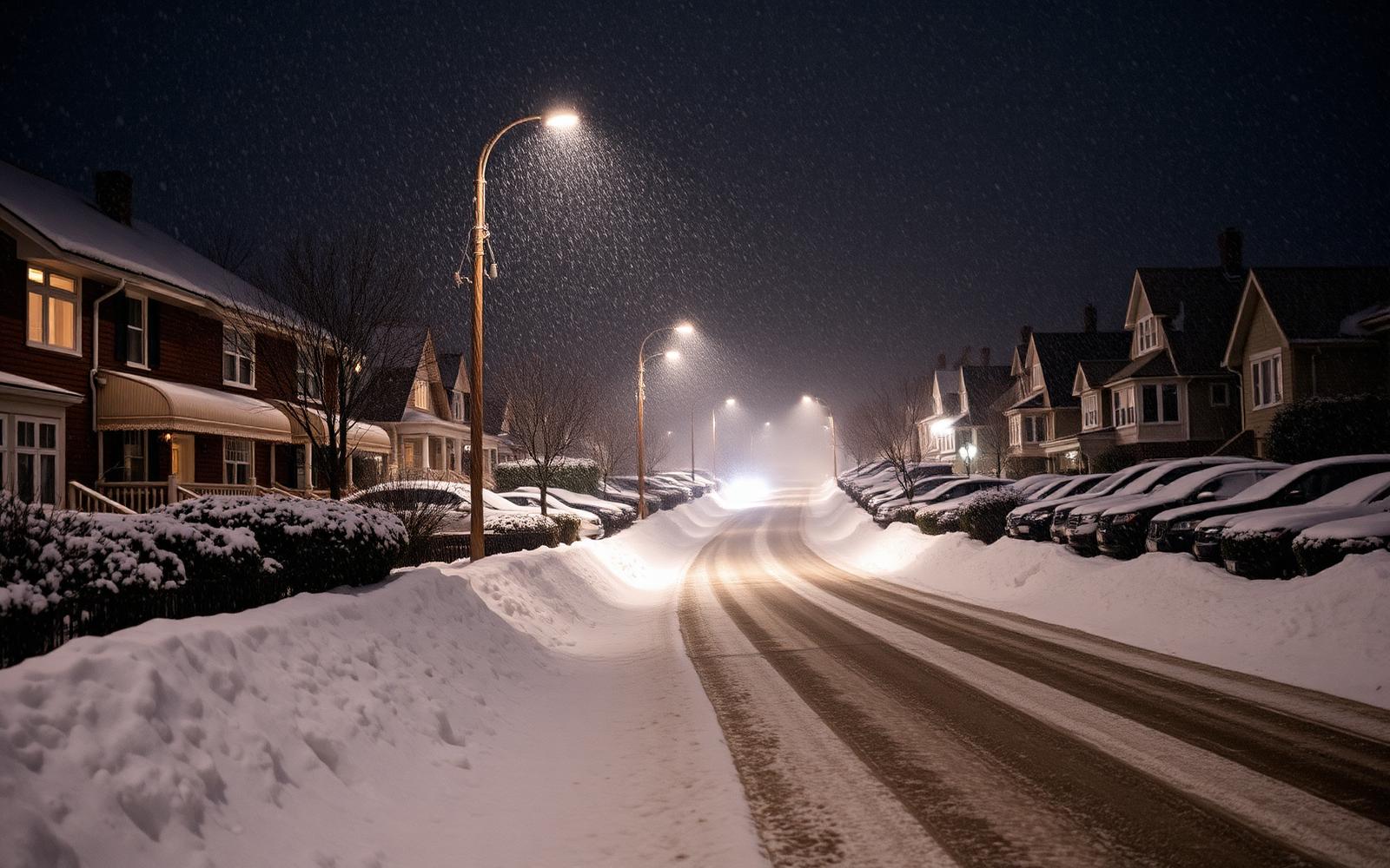Winter storm moving over a pre-war Yonkers, New York neighborhood near the Hudson River