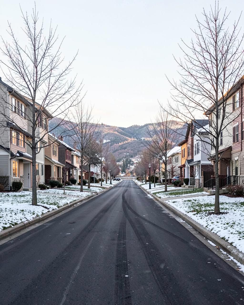 Quiet new residential street with a light dusting of snow on lawns, plowed pavement and foothills at the end of the block
