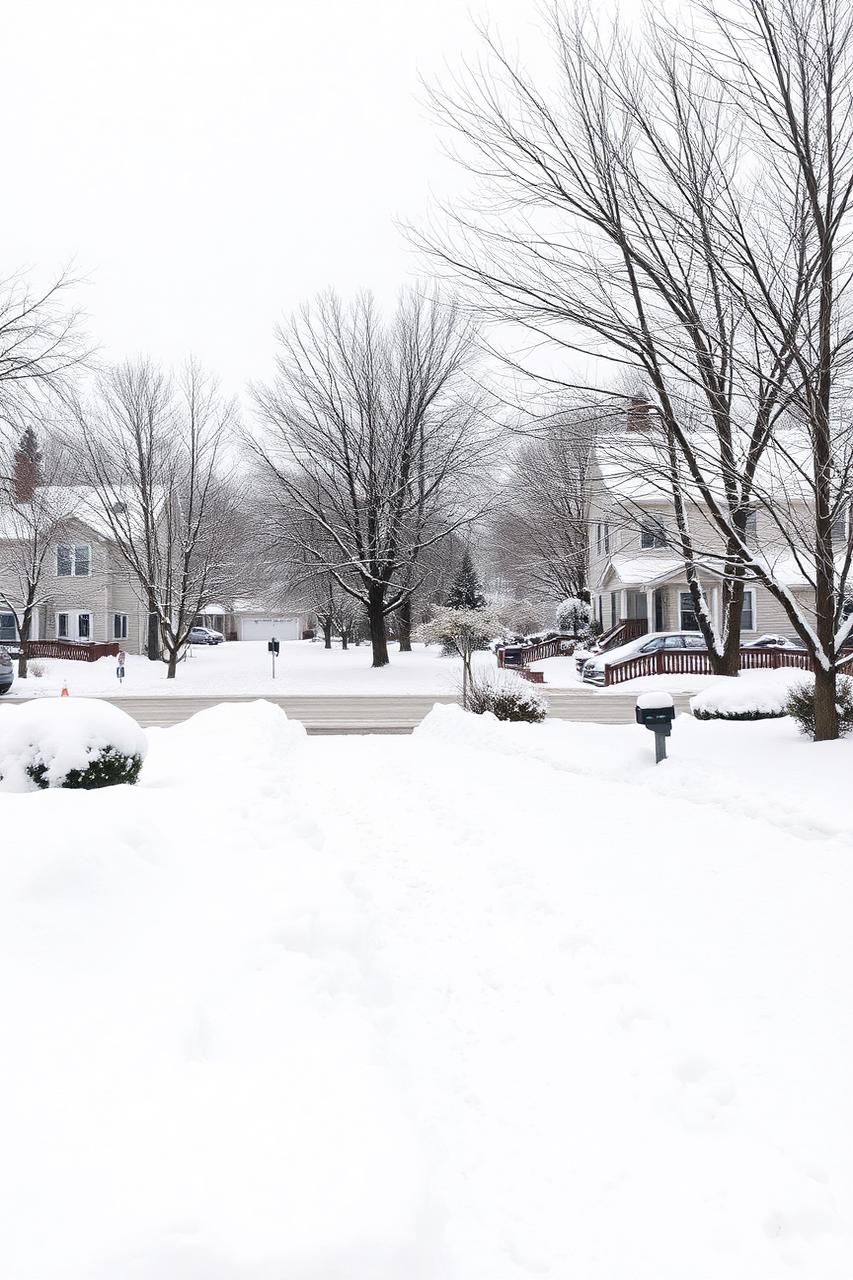 A snow-covered residential street in an older Rockford neighborhood under a pale winter sky