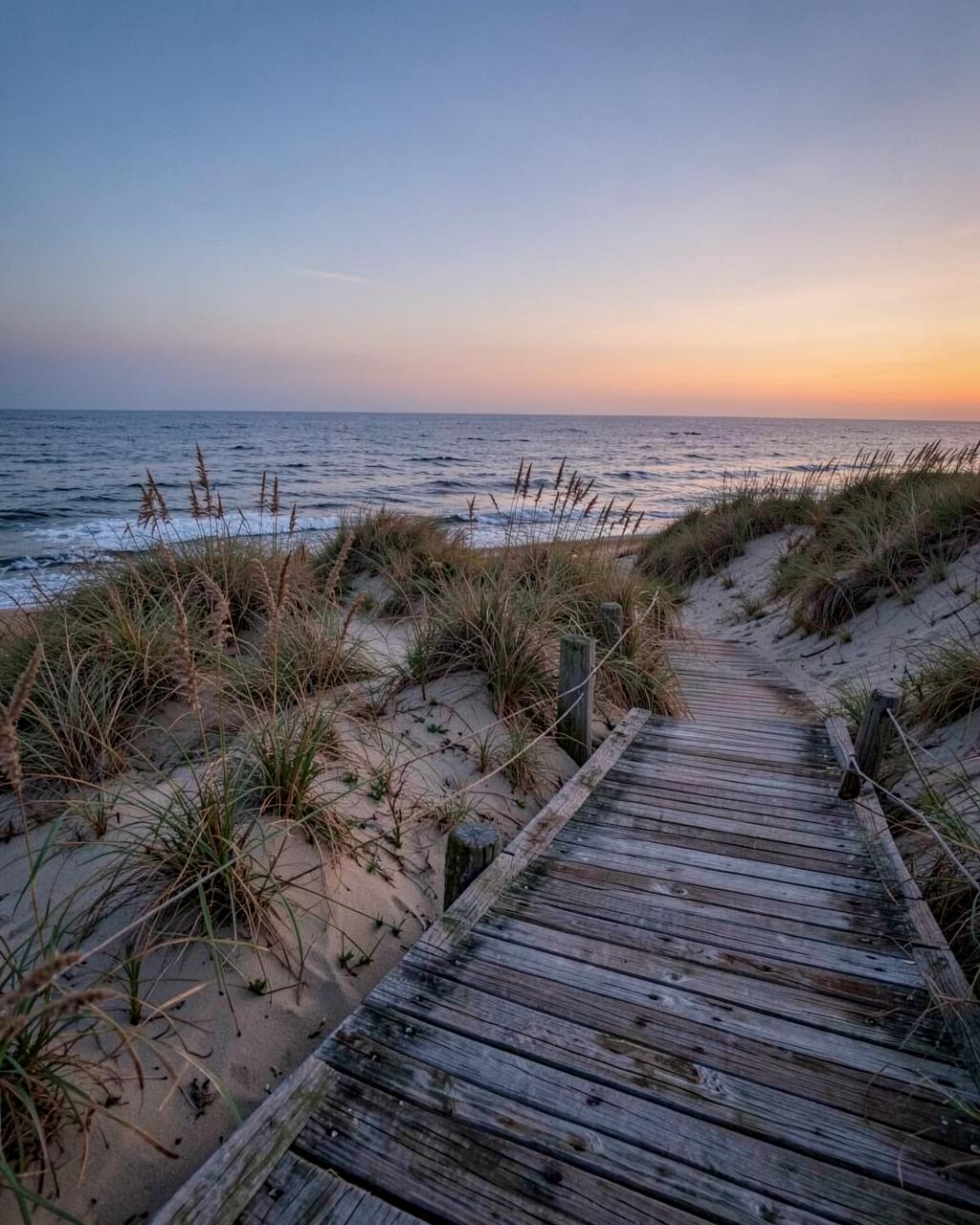 Sand dunes with sea oats and a weathered wooden dune walkover at dusk beside the Atlantic