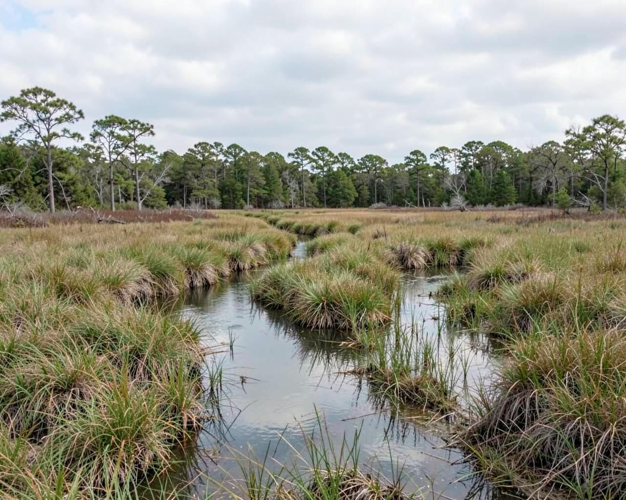 Winding tidal creek through spartina salt marsh with low coastal pines under a cloudy sky
