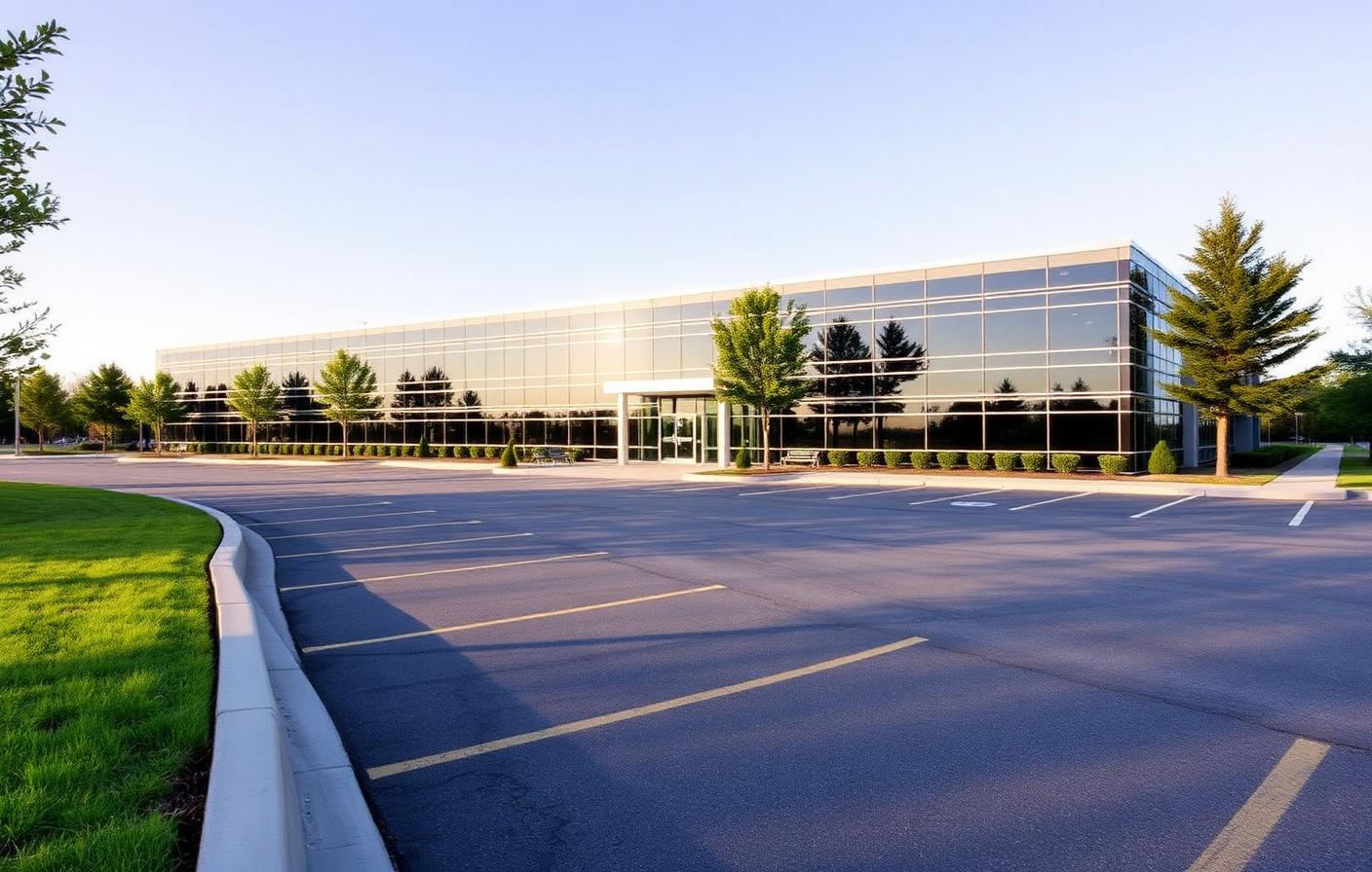 Low-rise glass office building with an empty parking lot and mown lawn in a suburban corporate campus