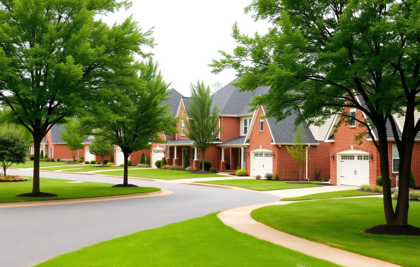 Large newer brick single-family homes with wide manicured lawns along a quiet suburban street