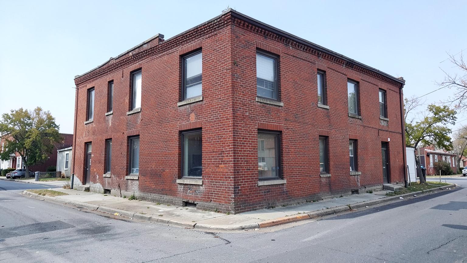 Plain two-story red brick corner building with bare windows on an empty older commercial street