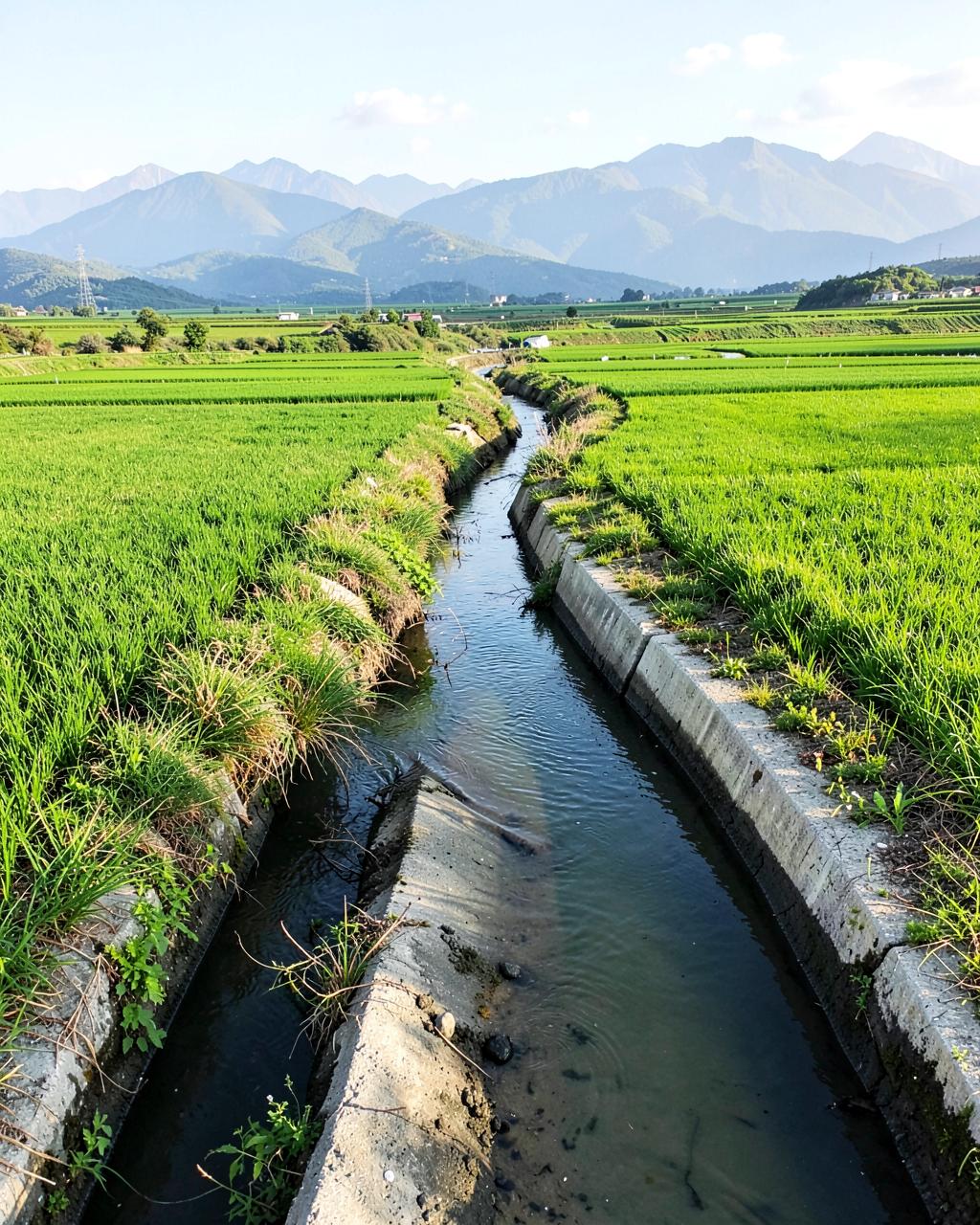 Concrete irrigation canal running between green crop fields in a wide flat valley with distant low mountains