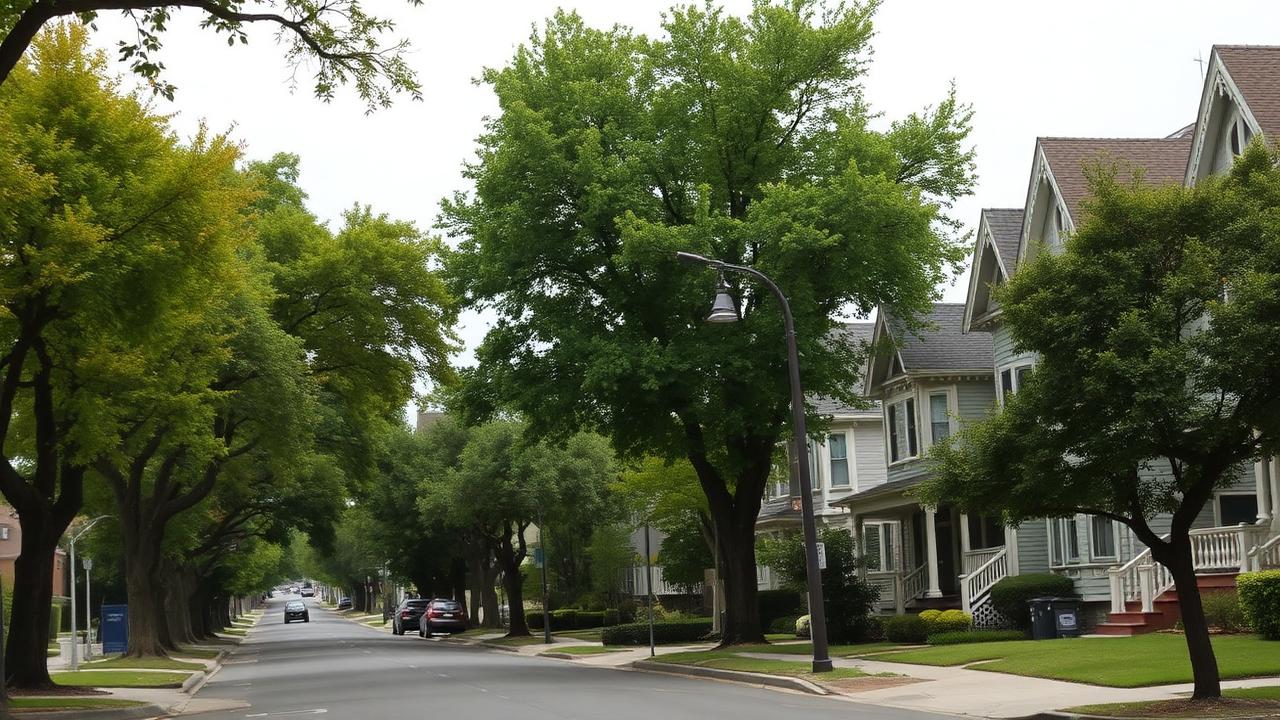 Tree-lined Oakland residential street of older craftsman bungalows and Victorian homes