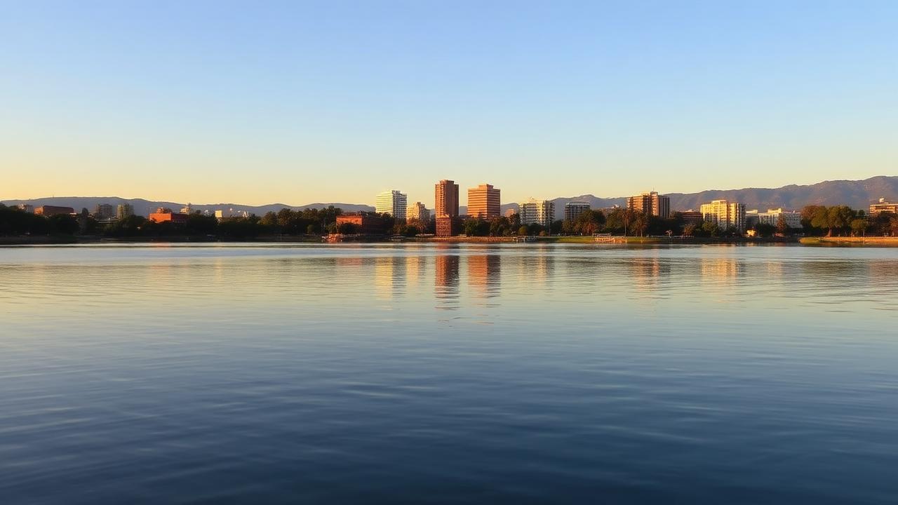 Calm water at Lake Merritt in Oakland at sunrise with mid-rise buildings along the far shore