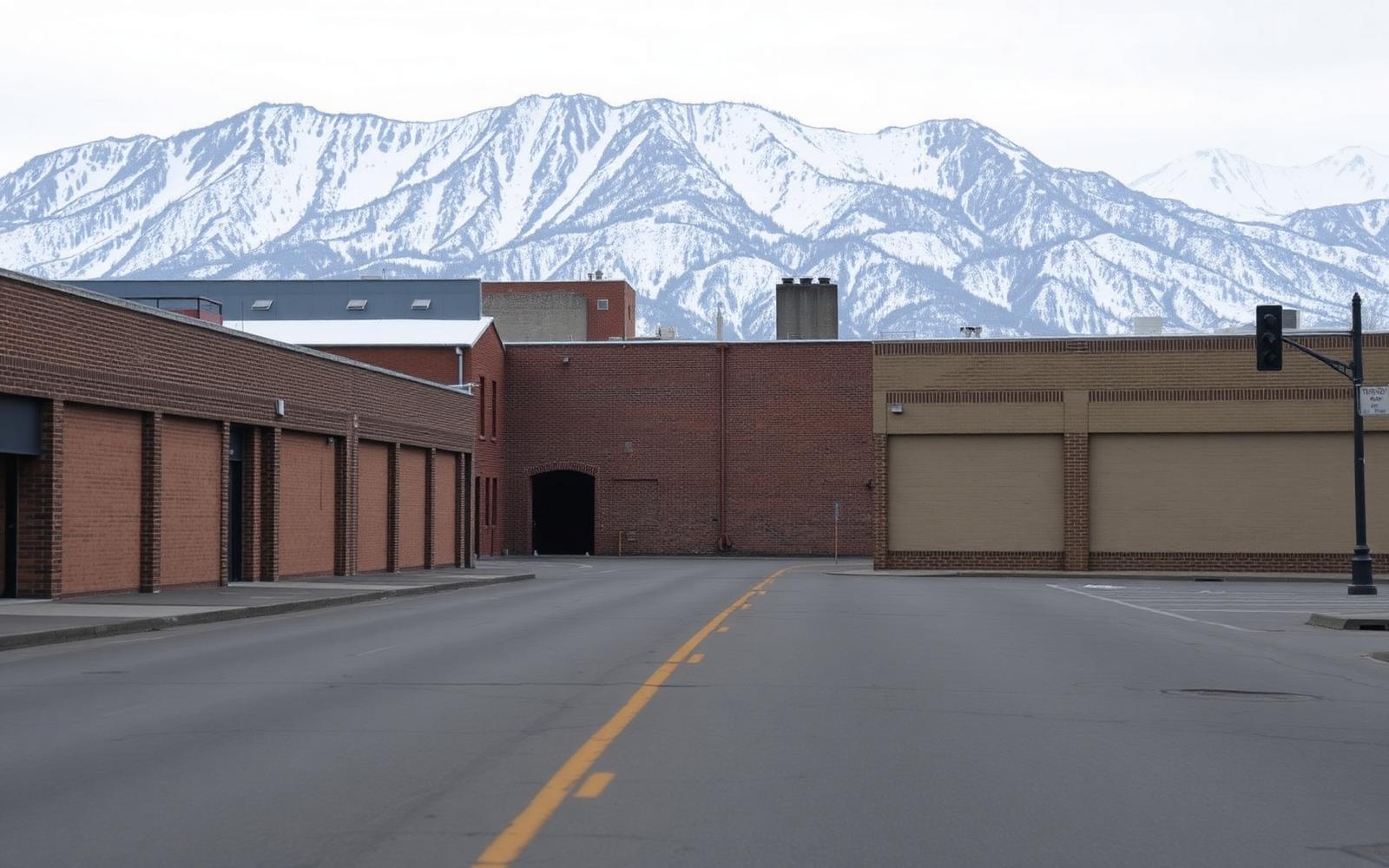 Low brick commercial buildings on a wide downtown Ogden street with snow-covered Wasatch peaks rising directly behind the rooftops