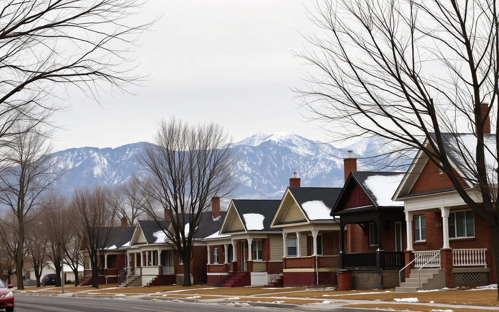 Early twentieth century brick and clapboard houses with deep front porches on a snowy Ogden residential street below the Wasatch Front