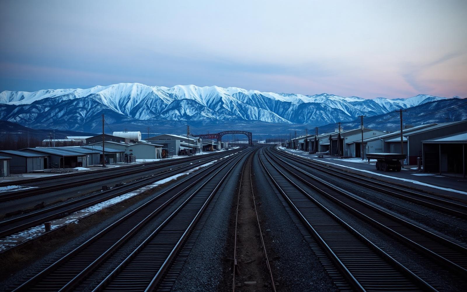 Freight rail yard tracks and boxcars in Ogden with snowy mountain slopes in the distance at dusk