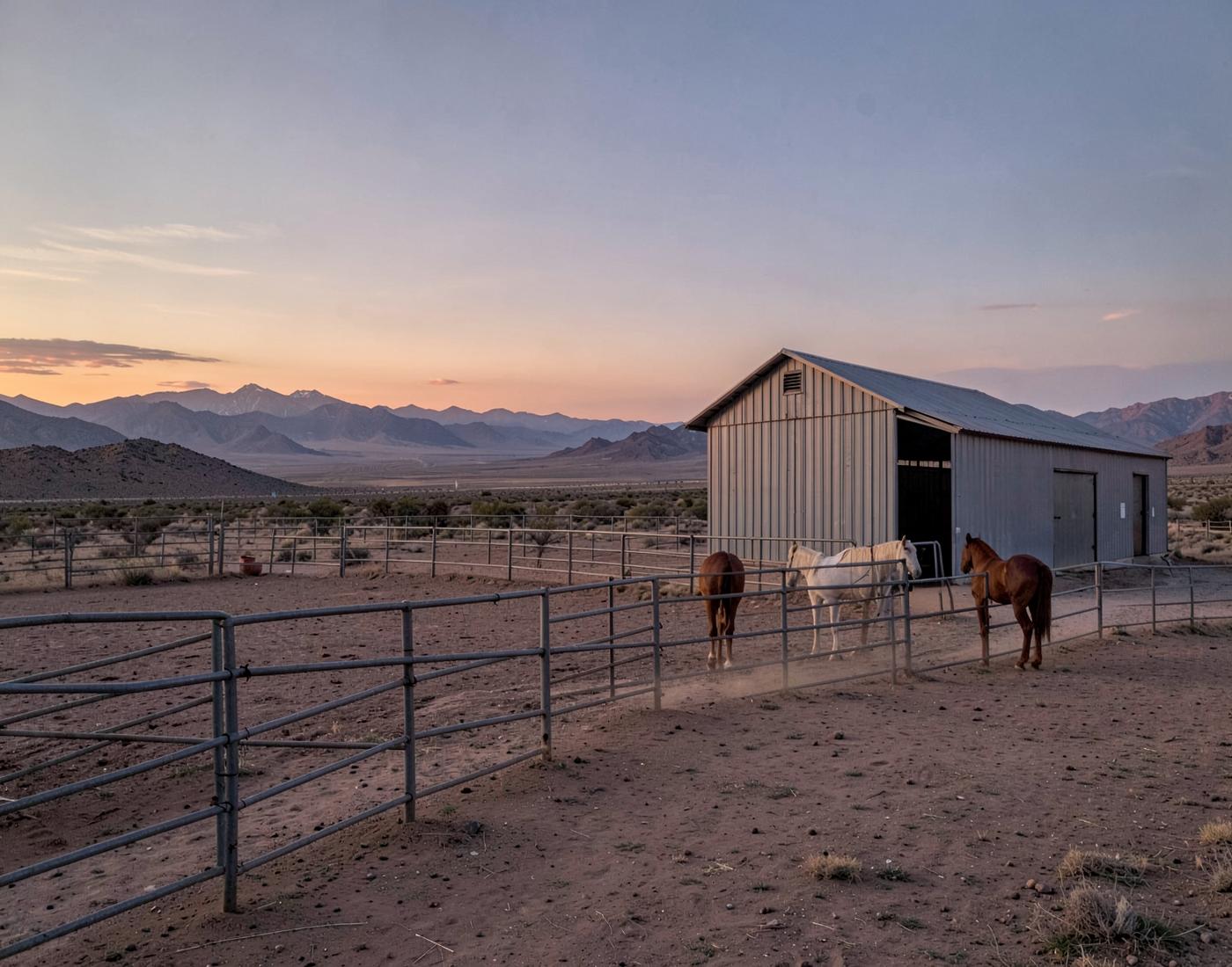 Large desert horse property at dusk with pipe corral fencing, a plain metal barn and mountains on the horizon