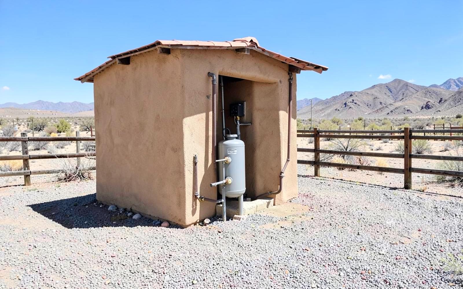 Small rural well house and pressure tank on a gravel desert lot with open scrubland behind it