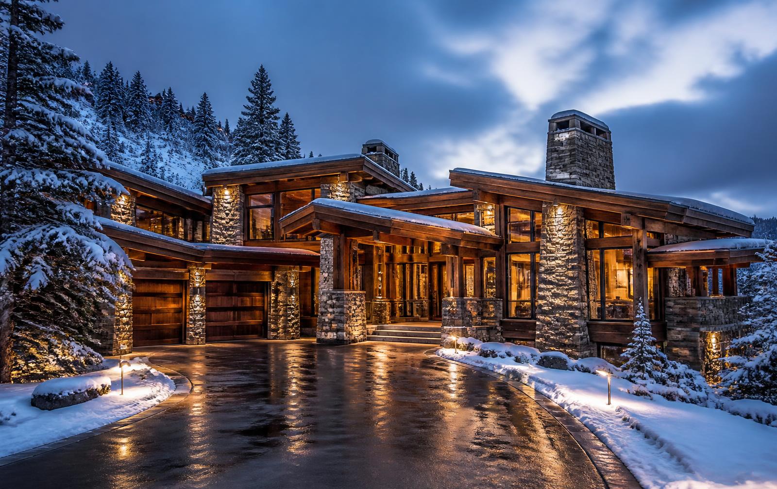 Large timber and stone mountain home at dusk with a wide clear driveway and snow-covered pines around it