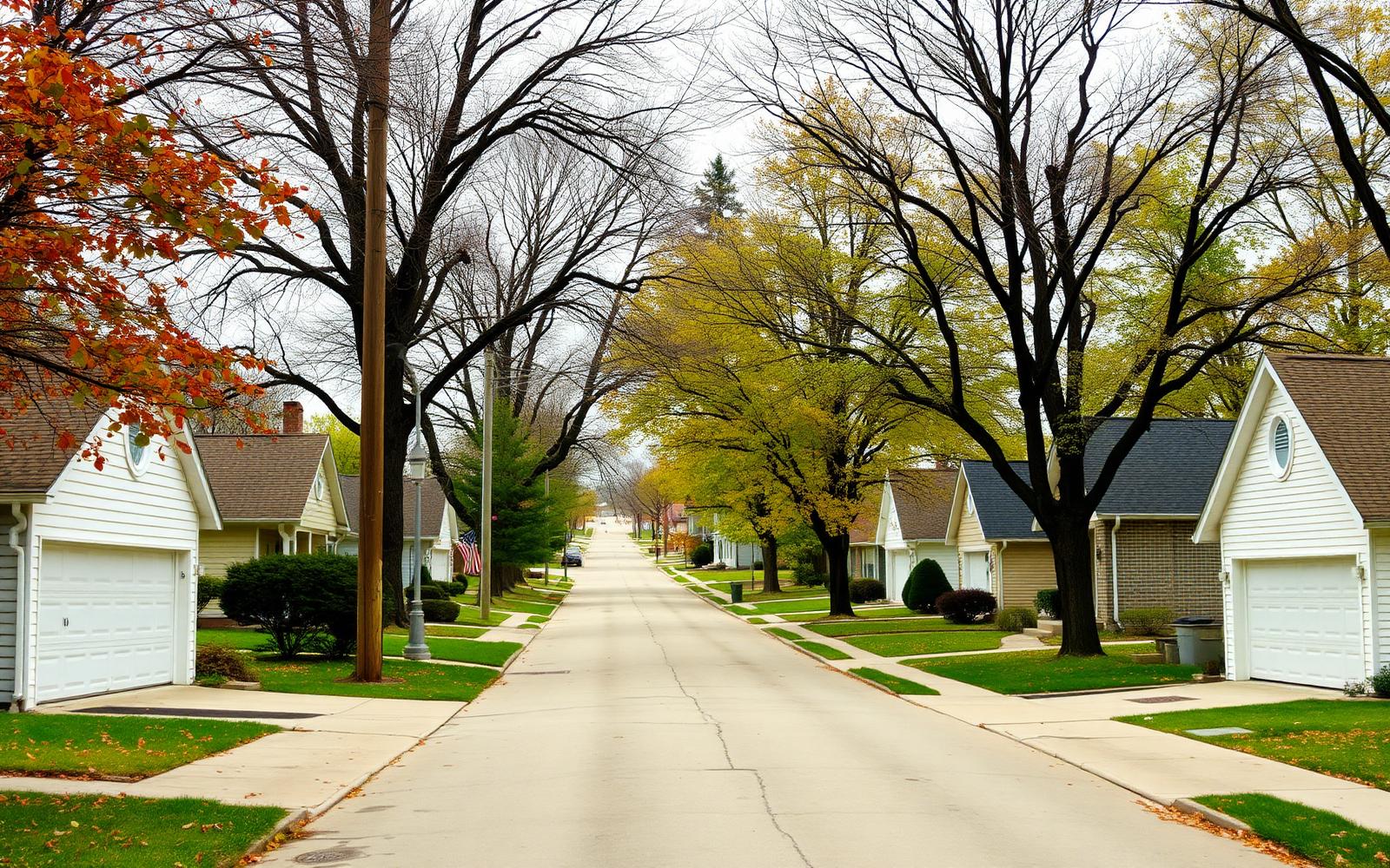Older two-story wood-frame homes with porches along a sloping tree-lined street