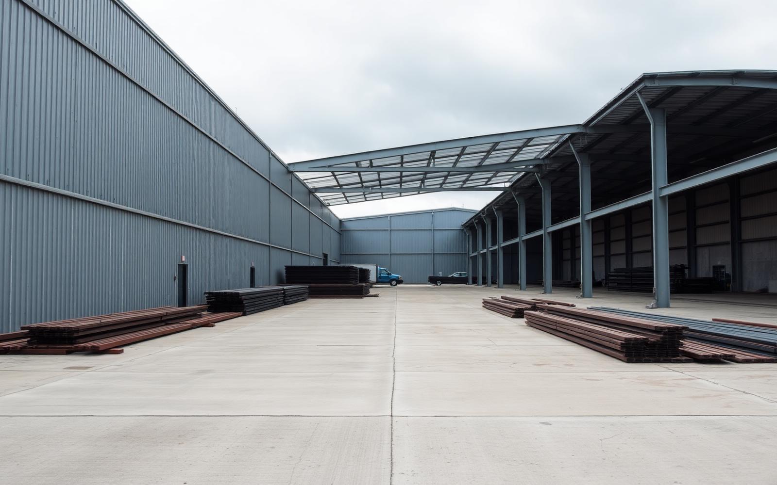 Empty industrial fabrication yard with stacked steel and a long plain metal shed
