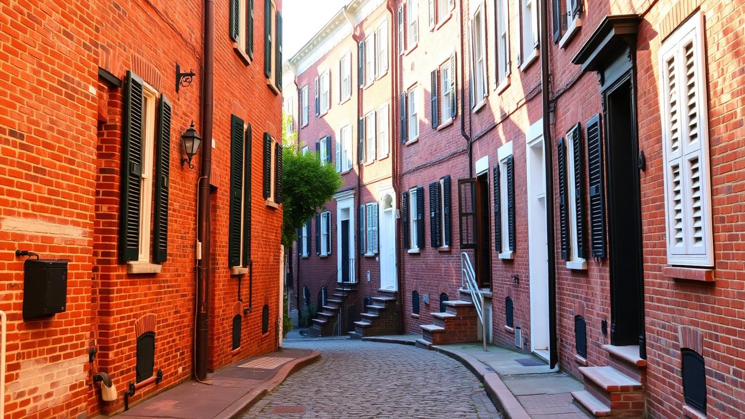 Narrow cobblestone Philadelphia side street lined with eighteenth-century brick houses and shutters