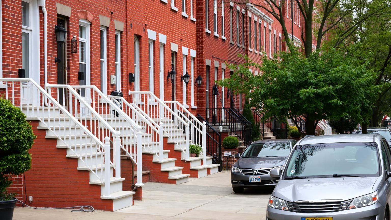 Block of red brick Philadelphia rowhouses with white marble front steps and parked cars