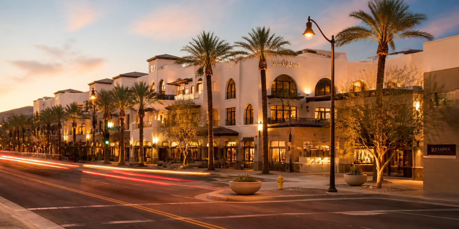 Scottsdale Arizona retail and office district at dusk, a discretionary-spend sub-market of the Phoenix metro