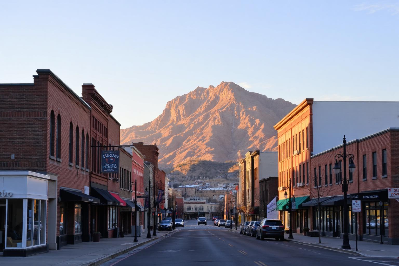Historic brick commercial buildings in downtown Provo Utah with the Wasatch mountain wall rising directly behind the rooftops
