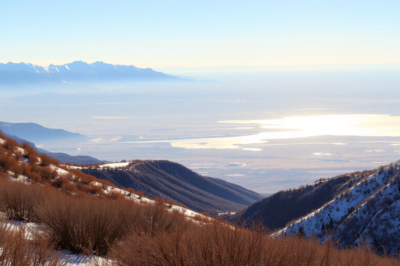 Utah Valley seen from a bench above Provo with snow-dusted ridgelines and Utah Lake glinting in the distance