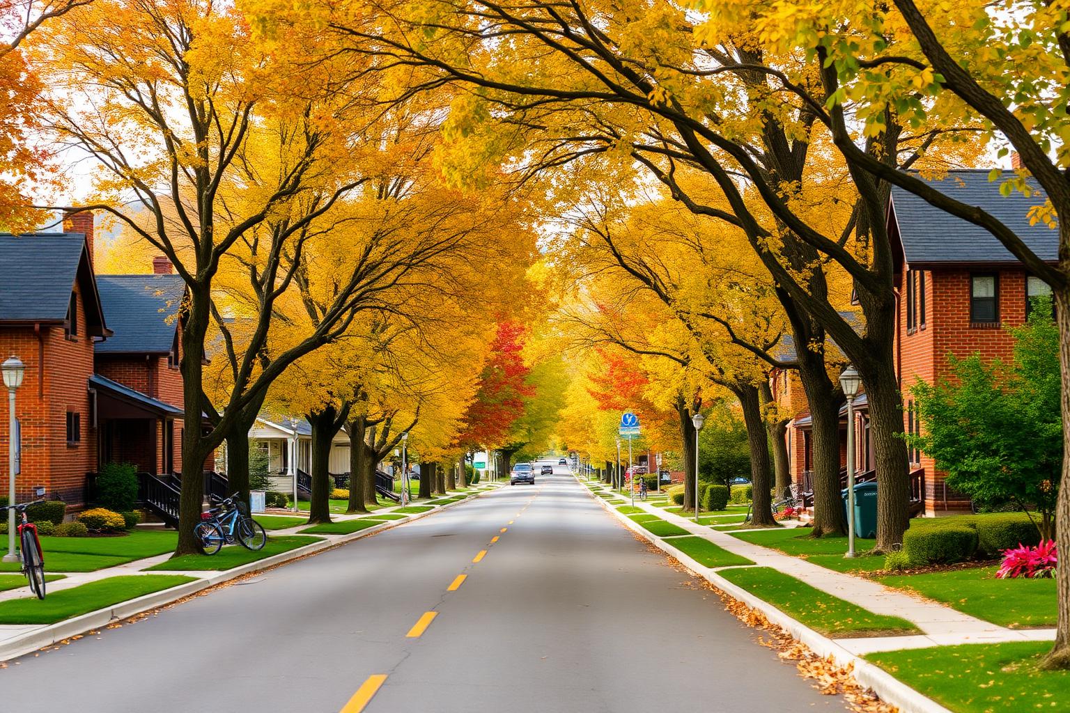 Tree-lined Provo residential street of older brick houses and small rental buildings with bicycles at the curb in autumn